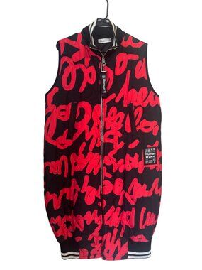 NWOT Paolo Tricot Human Race Long Quilted Vest Made Italy Red Black‎ Graphic
